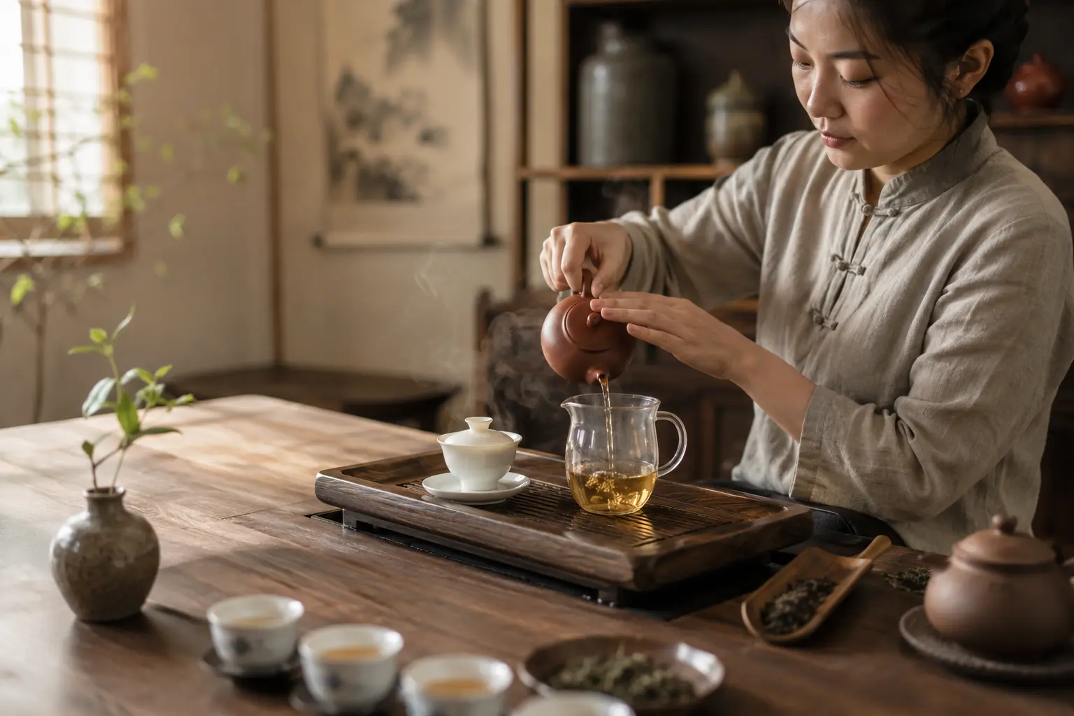A tea host performing gongfu cha at a wooden tea table with a clay teapot, fairness pitcher, gaiwan and small cups.