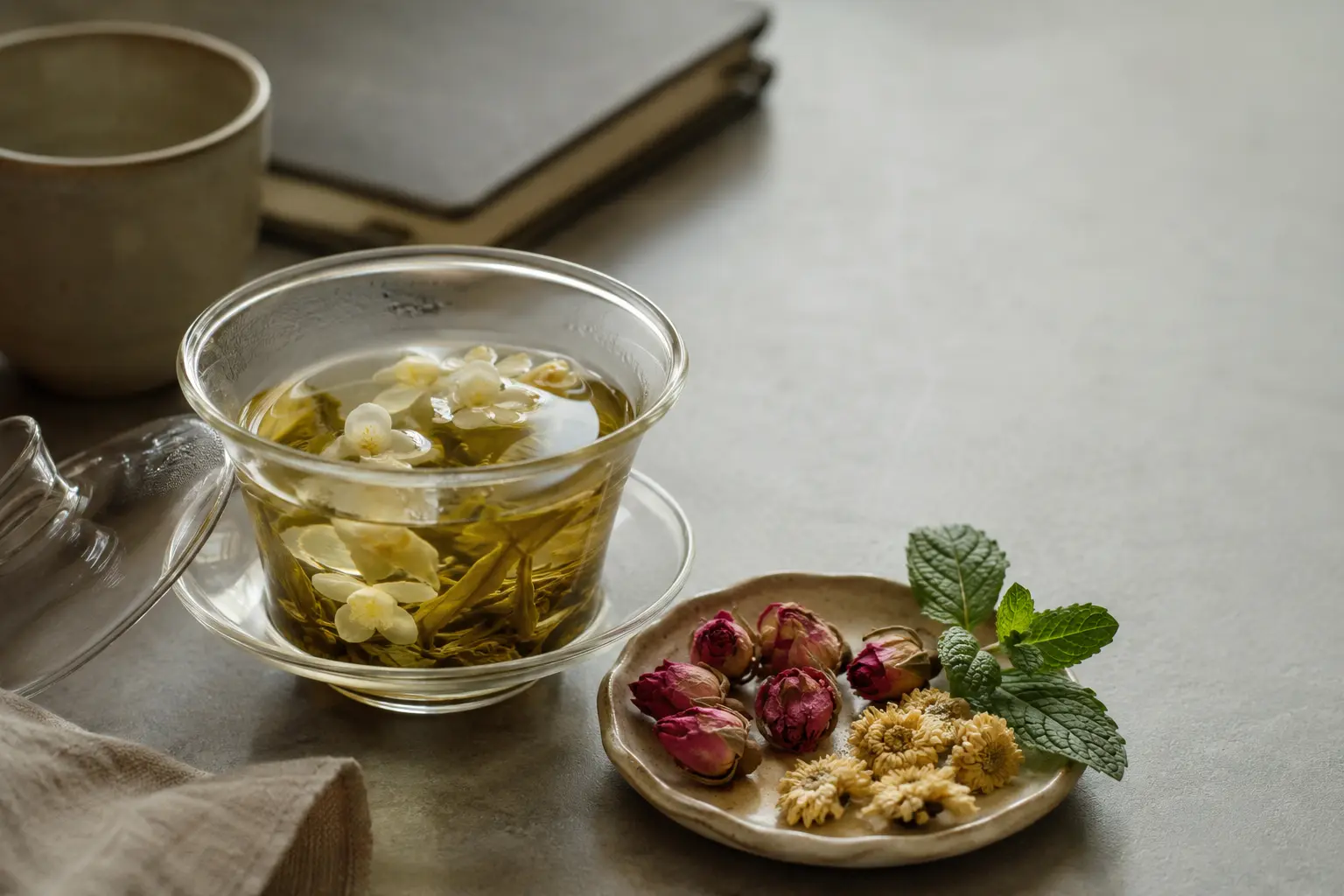 A calming cup of Chinese tea arranged with gentle herbal ingredients for stress relief.