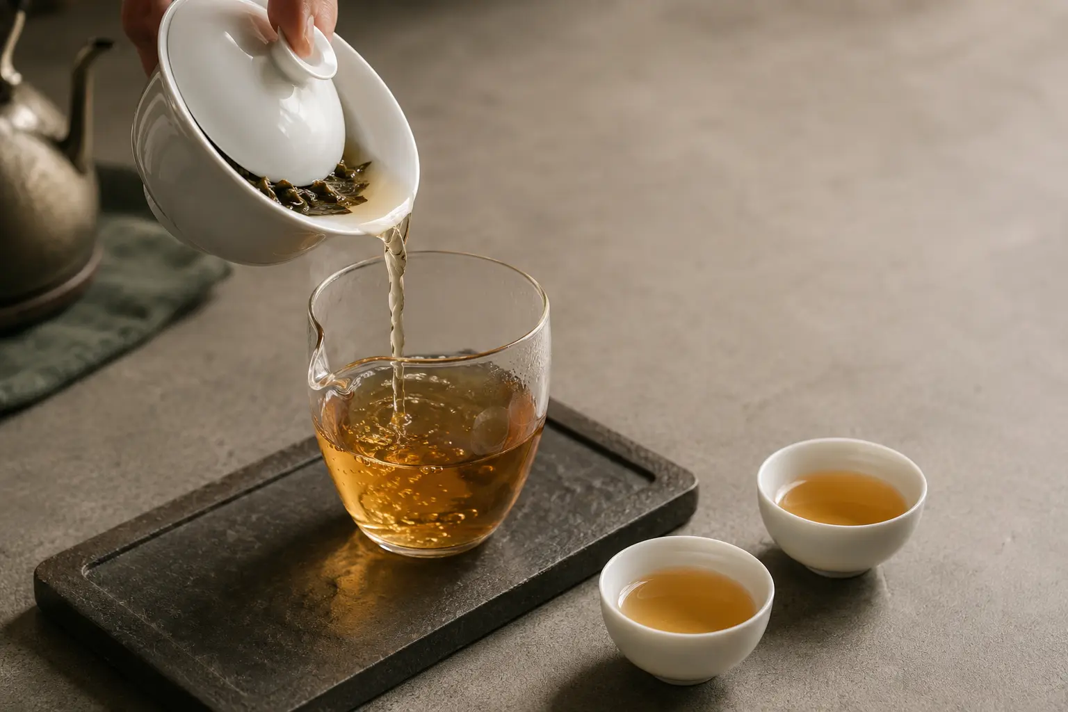 Tea being poured from a porcelain gaiwan into a glass pitcher during a gongfu brewing session.