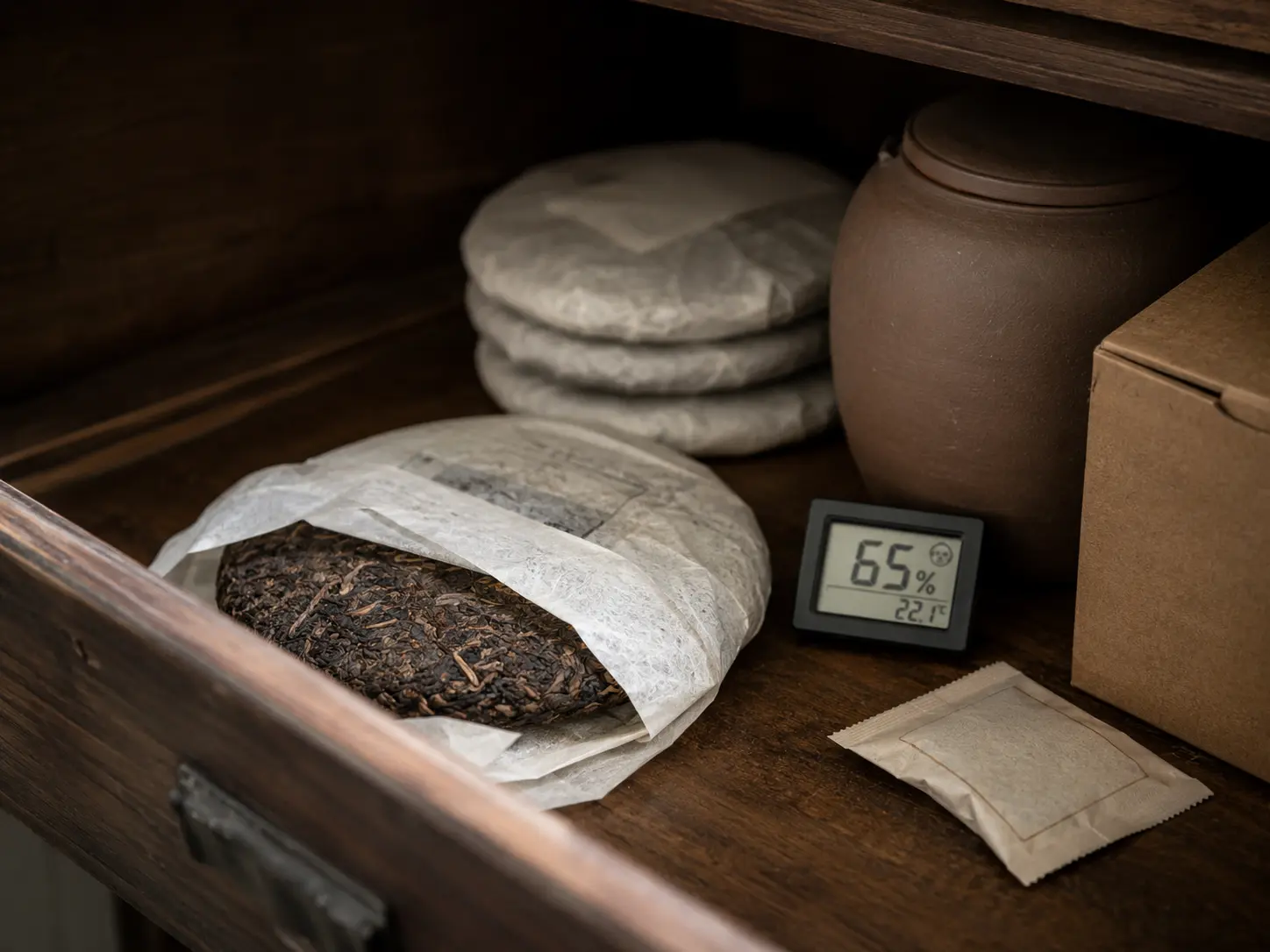 Wrapped pu-erh tea cakes stored in a dark wooden tea cabinet with a hygrometer and clay jar for home aging.